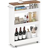 TEAMIX Wood 4-Tier Slim Rolling Storage Cart, 7.9"W, 24.8"D, 36.7"H, White | Height Adjustable, 360&deg;Swivel Wheels, Deeper &amp; Taller, Use as Narrow Kitchen Cart, Laundry Organizer Between Washer &amp; Dryer