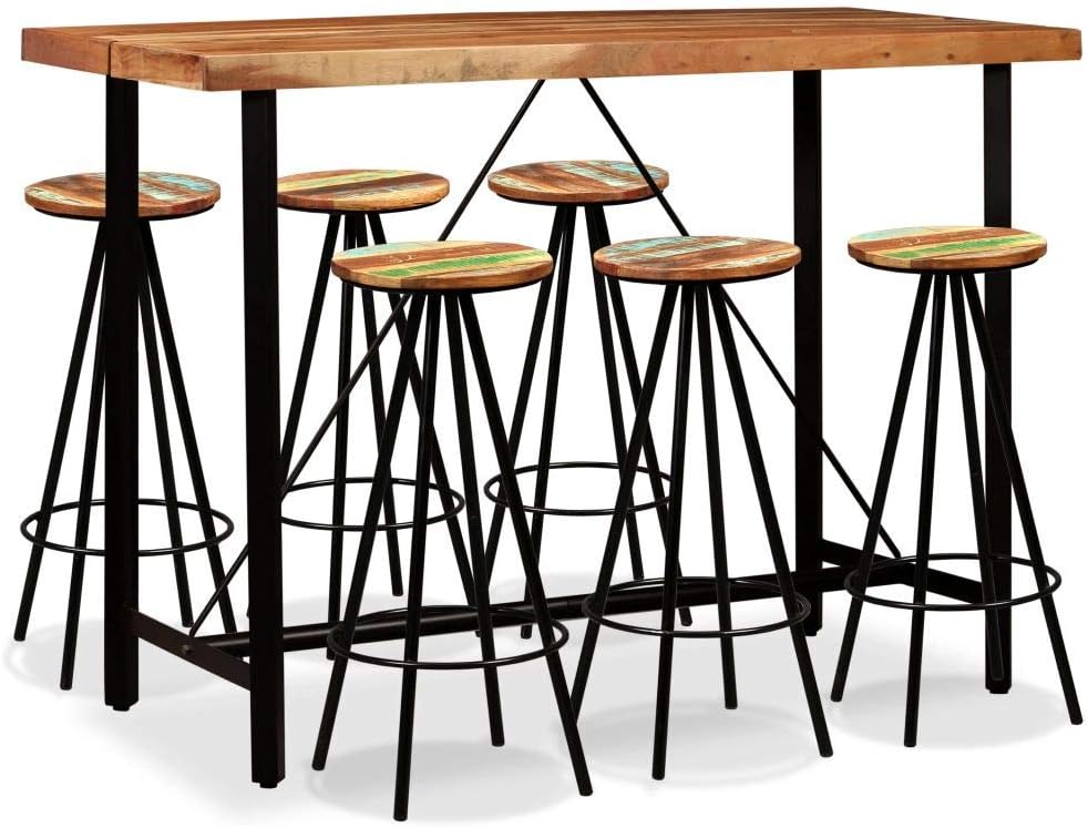 Tidyard Bar Table and Stools Bar Set 7 Pcs Restaurant Dining Set Industrial Table and Chairs Kitchen Stools Reclaimed Wood