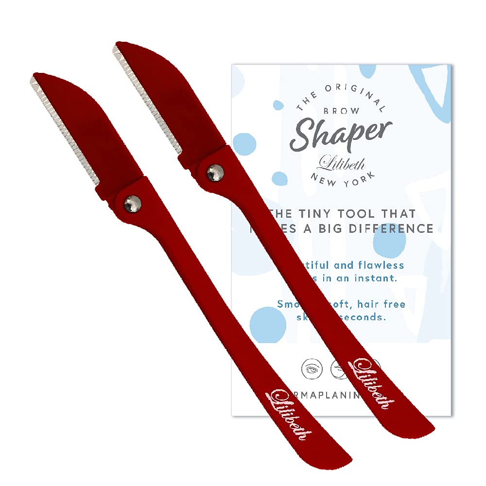 Lilibeth of New York Original Brow Shaper - Foldable Eyebrow Trimmer & Facial Hair Removal Device - Peach Fuzz Remover - Dermaplaning Tool for Women - Pack of 2 (Red)