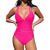 CUPSHE Women's One Piece Swimsuit Tummy Control Deep V Neck Double Straps Crisscross Back Tie Bathing Suit