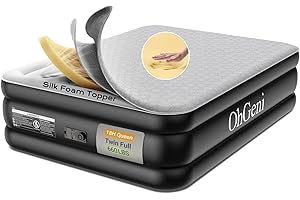 OhGeni 18" Luxury Air Mattress Queen with Built-in Pump, Silk Foam Topper Inflatable Bed for Superior Comfort, Premium Blow-Up Mattress for Home & Guest, Easy Setup, Extra Support, Black