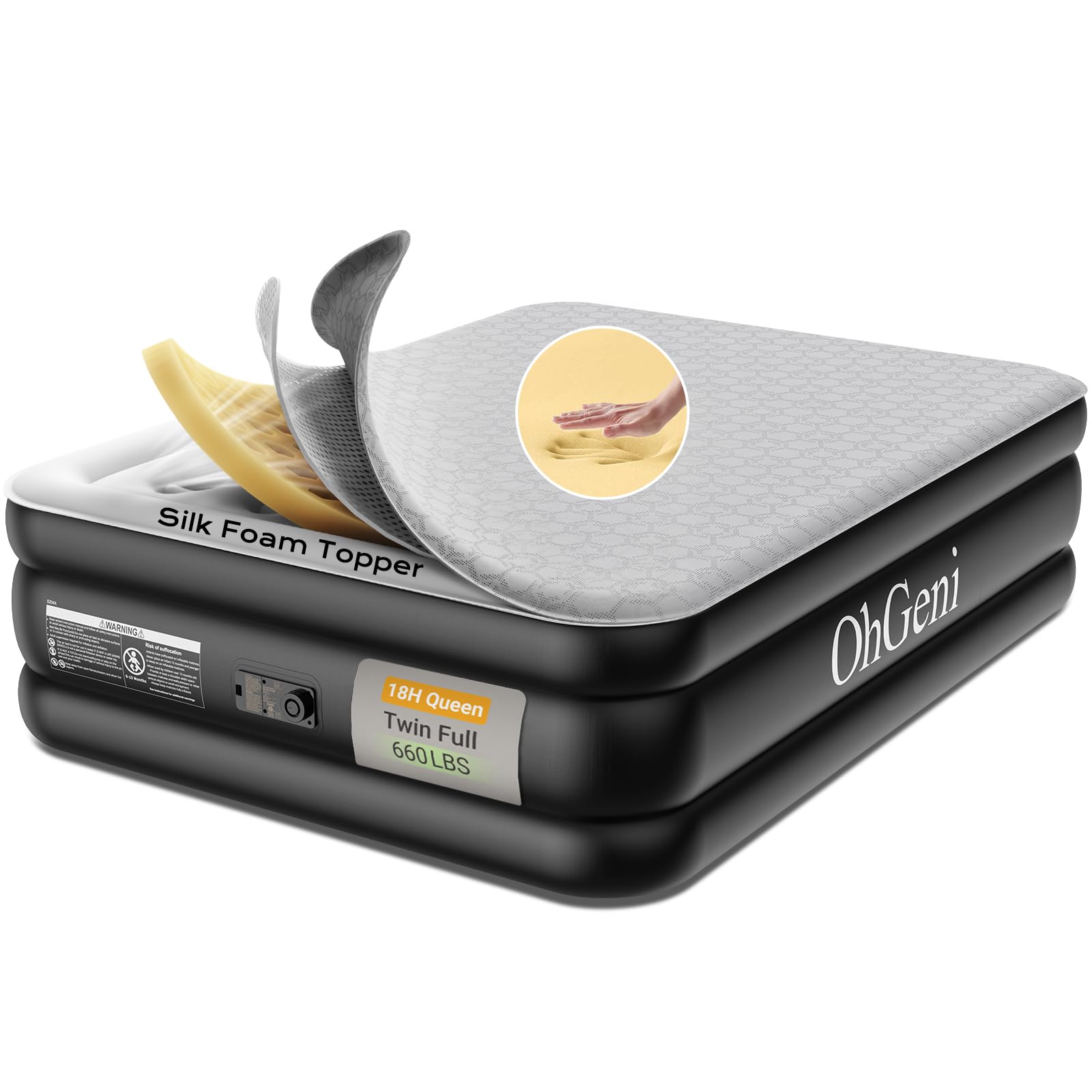 Photo 1 of **FACTORY SEALED** 18" Luxury Air Mattress Queen with Built-in Pump, Silk Foam Topper Inflatable Bed for Superior Comfort, Premium Blow-Up Mattress for Home & Guest, Easy Setup, Extra Support, Black