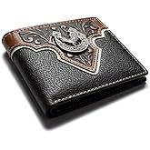 Western Stakes Men’s Short Leather Wallet – Hand Tooled Design with Horseshoe Rooster Concho – Western Cowboy Bifold Wallet for Ranchers, Farmers & Rodeo Gifts