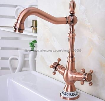 WANDOM Antiker roter Kupfer-Badezimmer-Becken-Wasserhahn Doppelgriffe