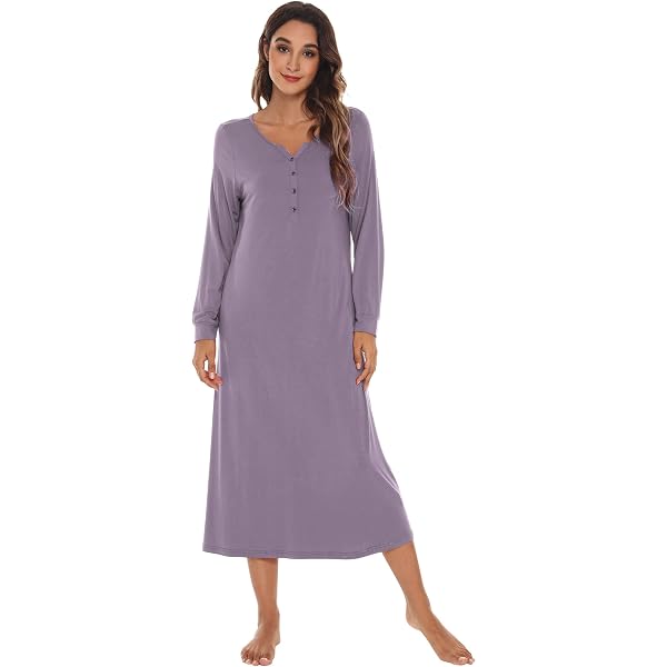 NACHILA Women's Bamboo Viscose Long Sleeve Nightgown - Soft V-Neck Sleepshirt For Lounge & Sleep, S-XL