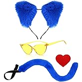 Matiniy 4Pcs Cartoon Cat Role Play Accessories Set Including Cat Ears Headband Tail Red Heart Cloth Stickers Yellow Cat-eye Glasses for Fancy Dress Up Costume