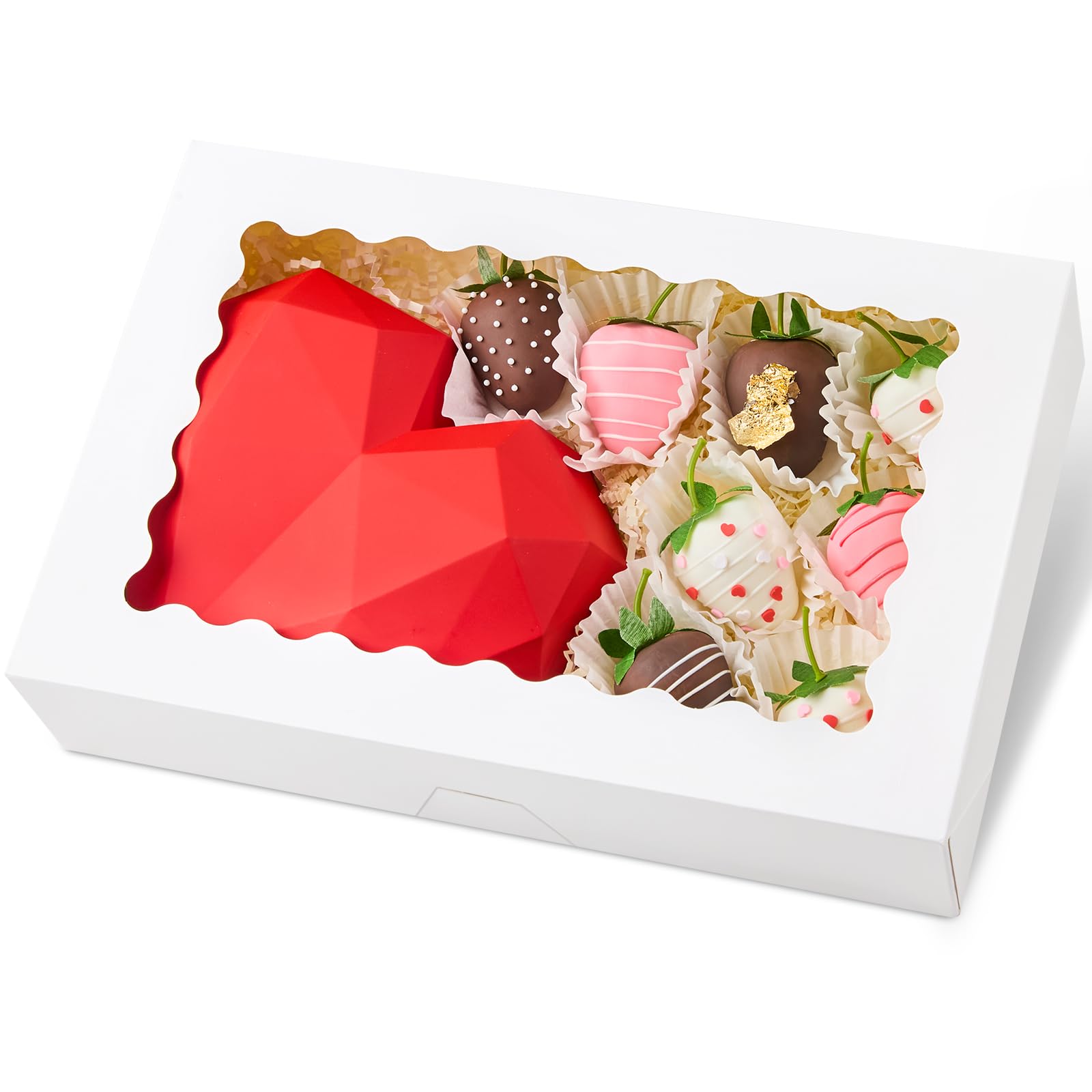 Photo 1 of Kucoele 30 PCS Bakery Boxes with Window, 12 x 8 x 2.5 Inches Pastry Boxes Auto-Popup Treat Boxes for Chocolate Covered Strawberries, Cookies, Muffins, Donuts, Breakable Hearts