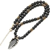 ElisaJewelryArt - Natural Obsidian Arrow Head Pendant Black Lava Stone Beaded Necklace Genuine Gemstone Protection Stone Clasp Closure Necklace Unisex Necklace