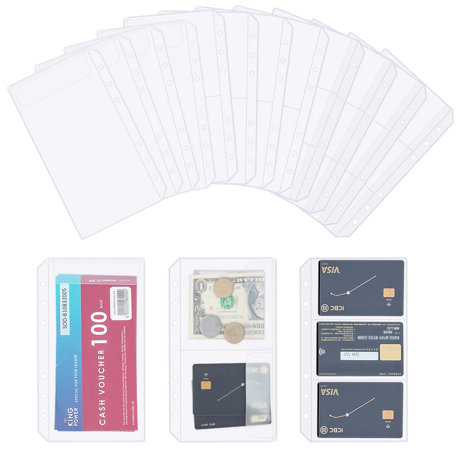 QiXin 30pcs A6 Binder Pocket Set no Zipper Clear Budget Planner Inserts Bulk Budget Binder Organizer Cash Envelopes for Budgeting Waterproof PVC Loose Leaf Bags Card Sleeves for 6 Ring Notebook