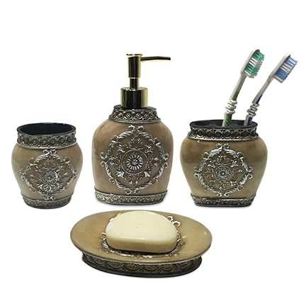 ARG HEALTH CARE Natural Stone Finish Resin 4 Pieces Bathroom Set-Liquid Soap Dispenser, Toothbrush Holder