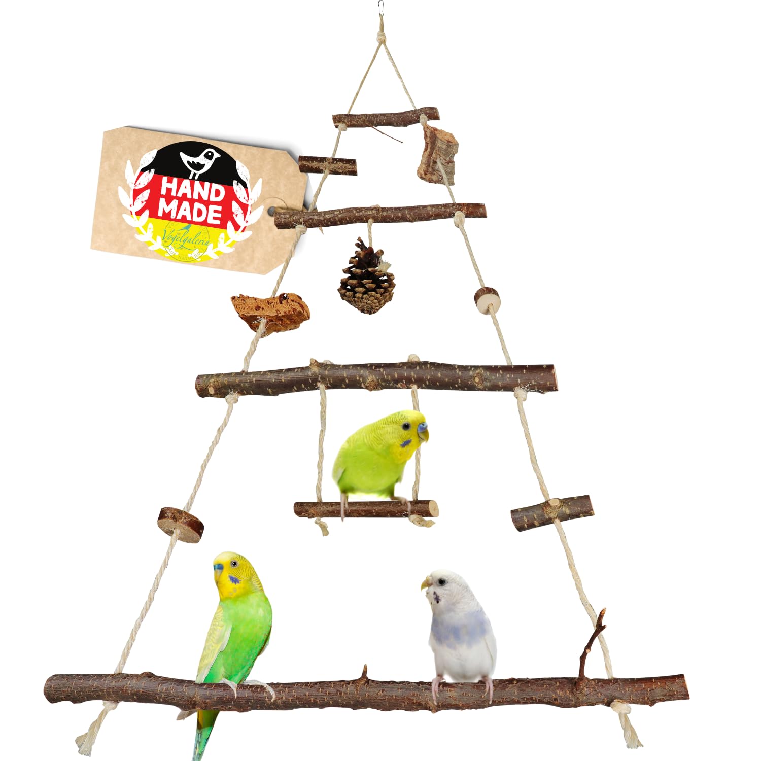 Vogelgaleria® XXL Bird Playground & Swing, Natural Wood, Budgie, Cockatiel, Small Parrot, Hanging
