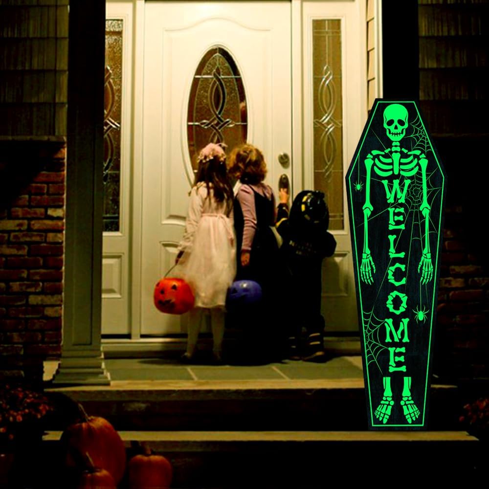 Yard Signs - Halloween Decorations Outdoor Glow in the Dark: Large Scary Coffin Skeleton Welcome Sign Front Porch with Spider and Spiderwebs 3Pcs, Splicable Halloween Door Decorations for Home Wall Front Door Decor
