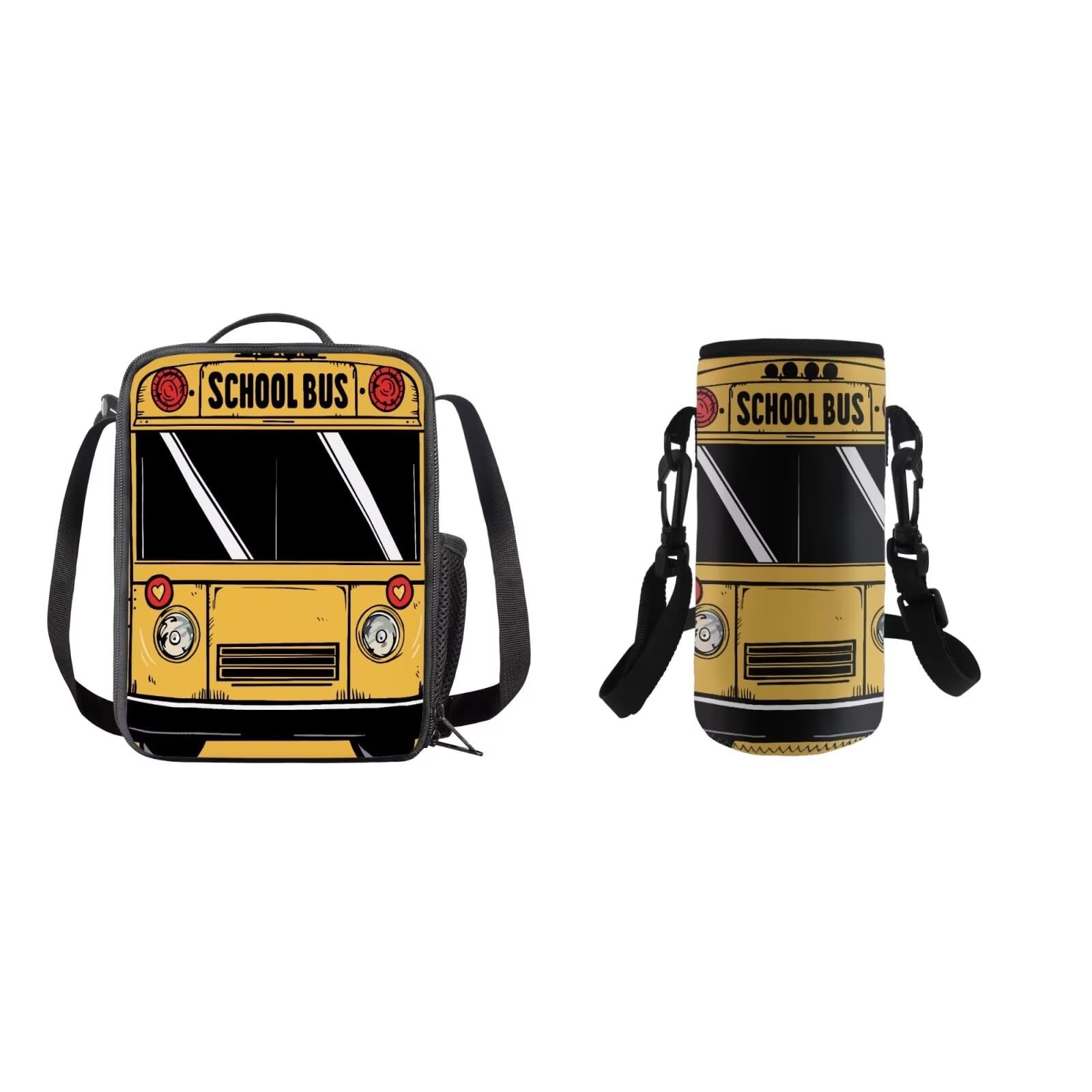 COEQINE Car Themes Lunch Backpack,3D Yellow School Bus Lunch Box Set for School Portable Large Capacity Insulation Water Bottle Strap for Toddler Boys
