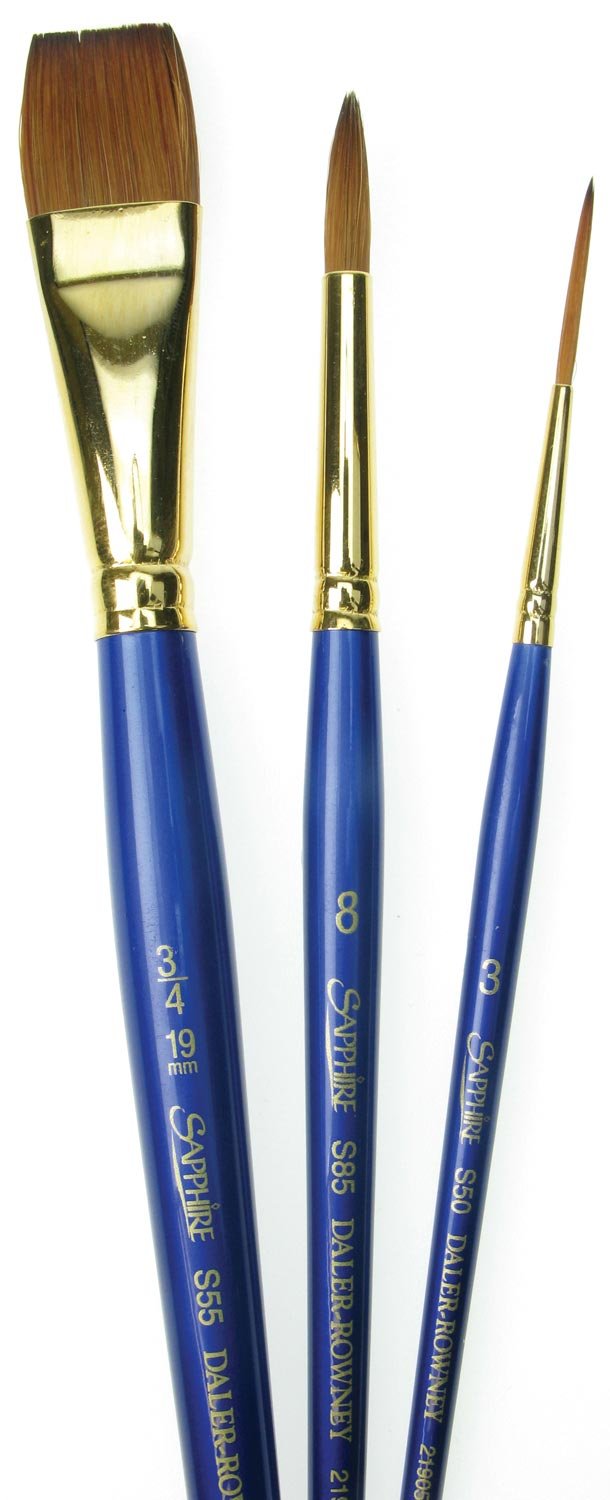Daler-Rowney Sapphire Watercolour Brush, Sable & Synthetic Blend, Short Handle, Flat Wash, Round and Script, , Wallet, Landscape Set, 3 Assorted Brushes