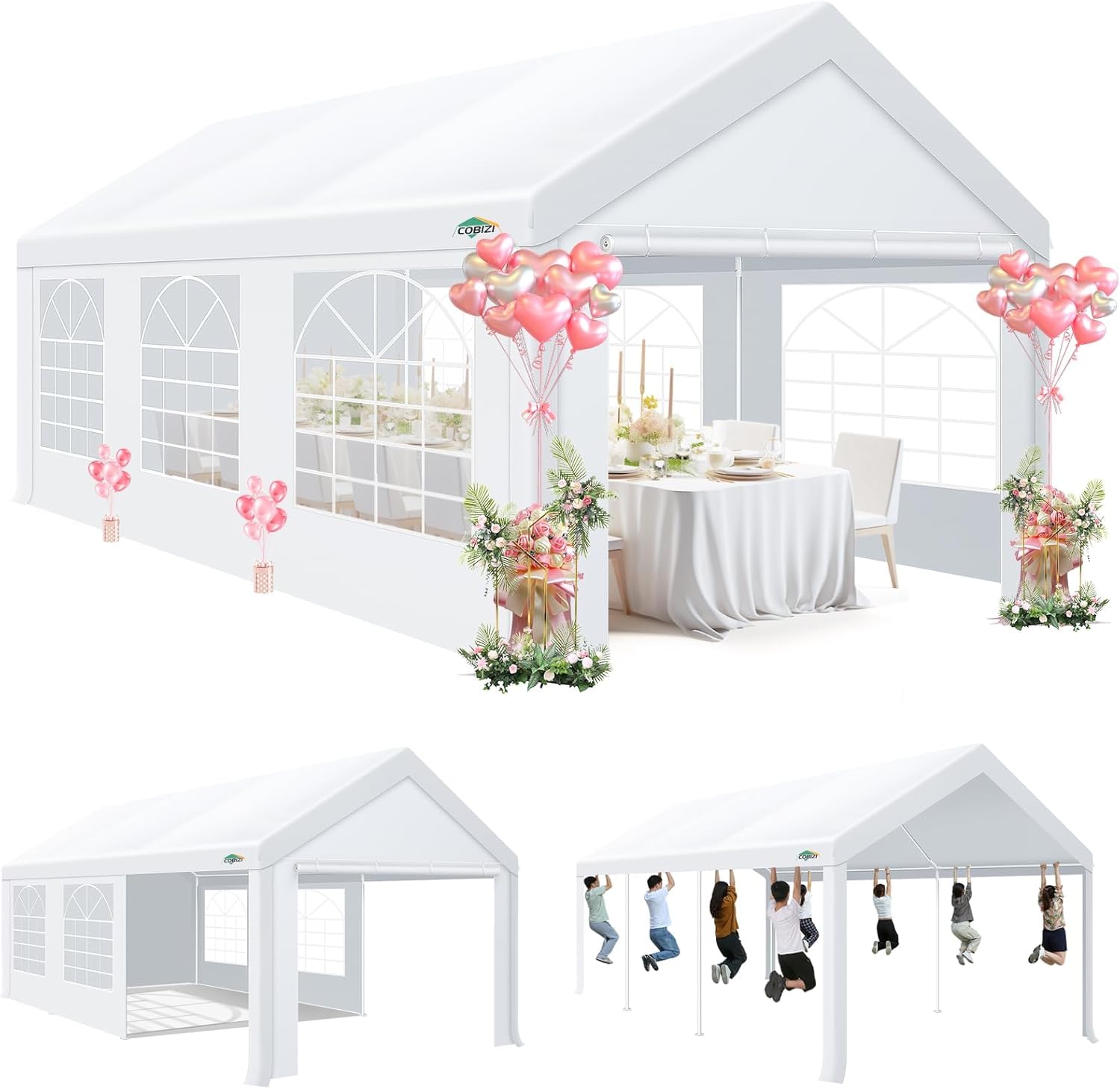 Photo 1 of COBIZI 10x20 Tents for Parties Heavy Duty, Party Tent 10x20 with Removable Sidewalls & 4 Built-in Sandbags, Commercial Wedding Large Tent, UV 50+, Waterproof, Windproof White