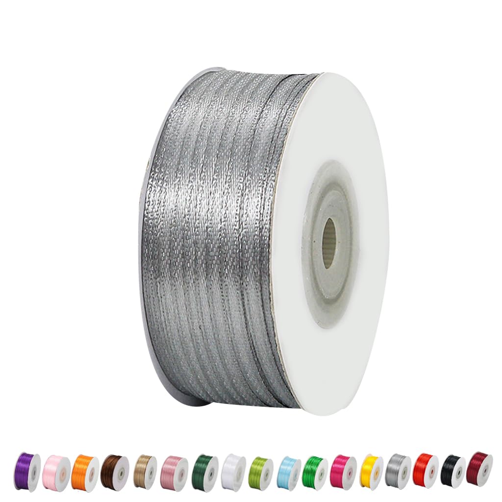 Thin Silver Gray Satin Ribbon 3mm for Gift Wrapping, 91m Long - Balloon, Cake, Silk Thick Ribbon for Crafting, Christmas, Wedding, Hair Bow, Bouquet, Party Decorations