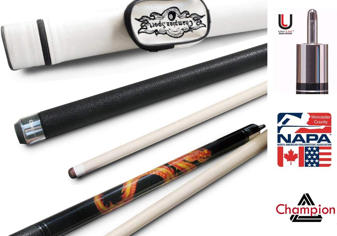 Champion Dragon Pool Cue Stick with Predator Uniloc Joint, Low Deflection Shaft, Black or White case, Retail Price: $295.55