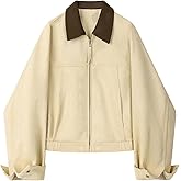 Zoziiee Women's Faux Suede Cropped Jacket Contrast Collar Zip Up Utility Barn Coat Trendy Fall Outwear