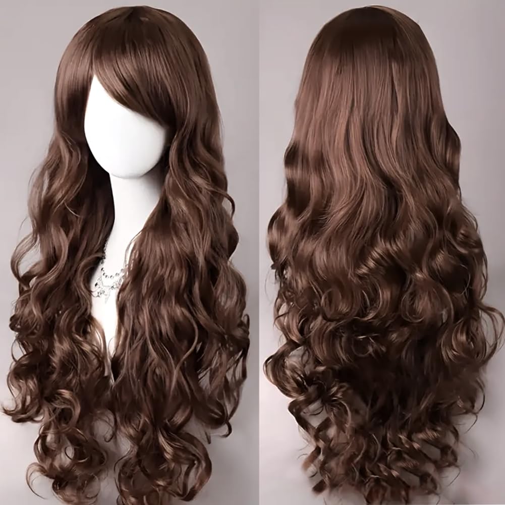 YEESHEDO 32" 80 cm Long Wavy Curly Hair Cosplay Wigs with Bangs for Women Girls Heat Resistant Synthetic Wig for Party Costume Anime Halloween (Dark Brown) — image 1