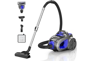 PKUYIE 32Kpa 1600W Canister Vacuum Cleaner(Energy Class A), Cyclon Power, Dust Full Indicator, Double HEPA Filter, 3.7Qt Large Capacity, Lightweight Vac for Hard Floors, Carpets, Pet Hair, Blue