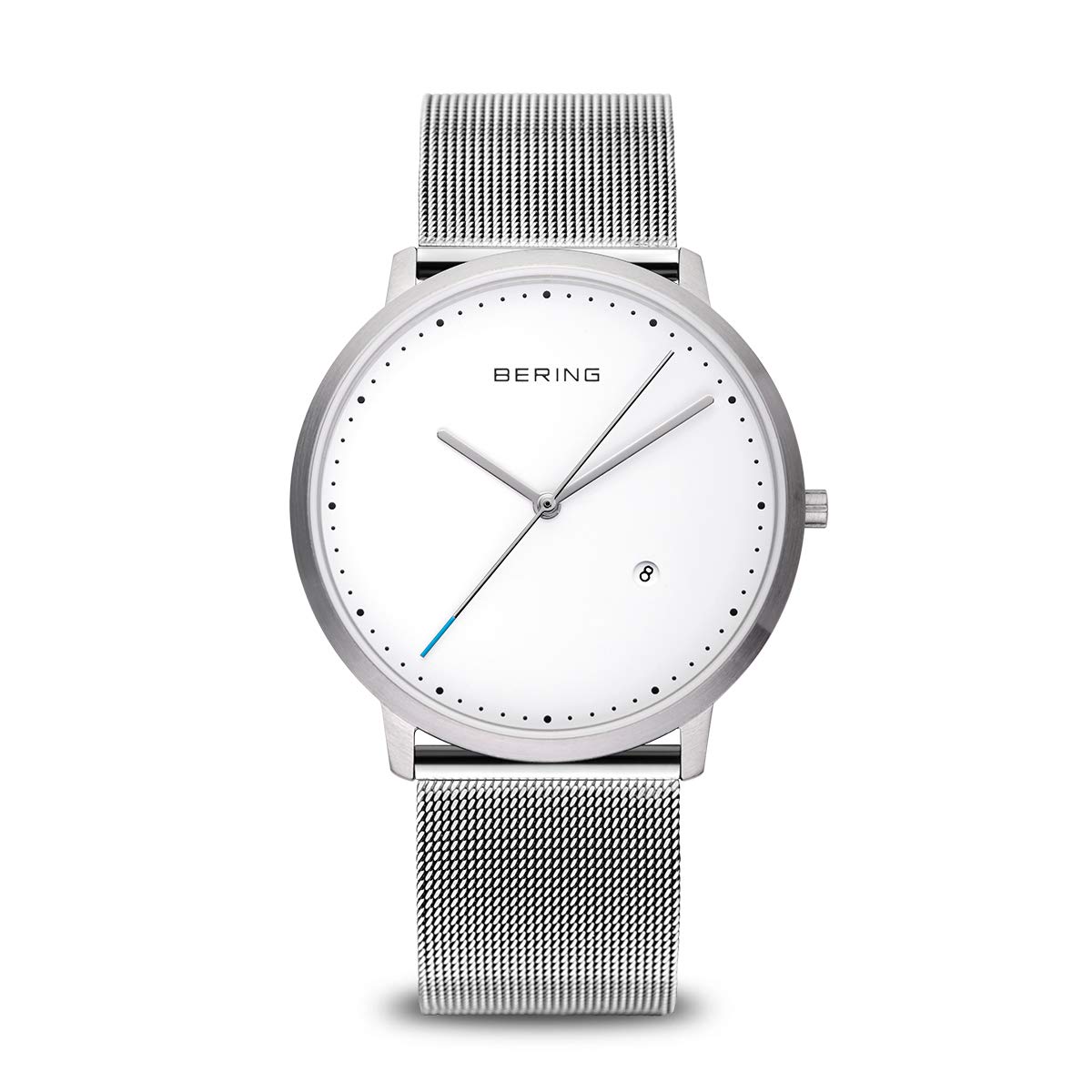 BERING Unisex Quartz Watch, 39 mm Silver Stainless-Steel Case and White Dial, Milanese Strap, Sapphire Crystal, 3 ATM, 11139-004