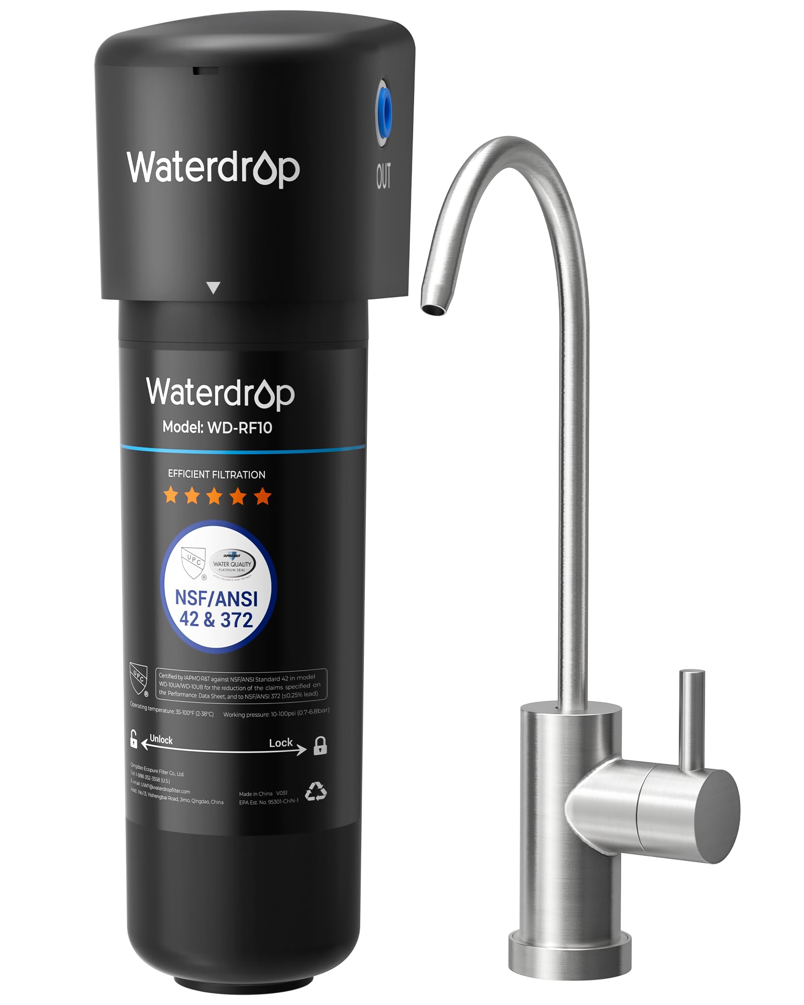Waterdrop 10UB Under Sink Water Filter with Dedicated Faucet, NSF/ANSI 42 Certified, 30,000 Liters High Capacity Water Filter System, Reduce PFAS, PFOA/PFOS, Reduce Lead, Chlorine, Bad Taste
