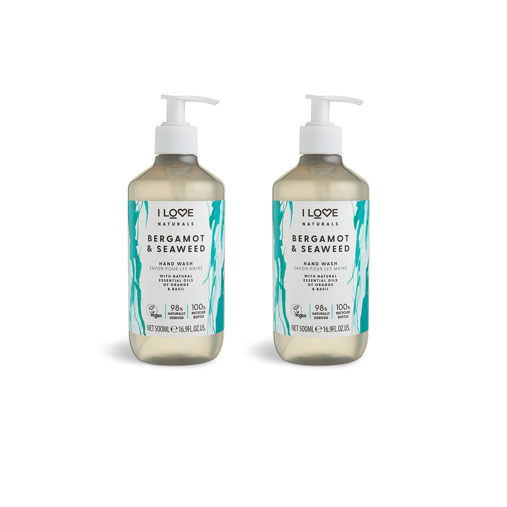 I Love Naturals Bergamot & Seaweed Hand Wash – Gently Cleanses with Orange & Basil Essential Oils – Refreshing, Purifying Vegan Formula with Natural Ingredients – Kind to Skin & Planet 2 x 500ml