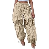 YAWJET Women Casual Baggy Cargo Pants Trendy High Waisted Ruffle Patchwork Long Trousers with Drawstring