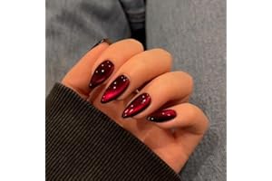 KQueenest Dark Red Press on Nails Cat Eye, Burgundy Glitter Press on Nails Almond Medium, Sparkly Shiny Fake Nails Set, Cute Bling Glue on Nails Medium for Women Christmas, Gothic Design, 30 Pcs