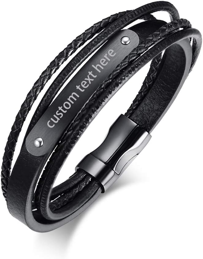 Jewellery Men's Leather Bracelet Engraved Stainless Steel Leather Polished Braided Multilayer Bracelet Bangle Cuff Black/Gold