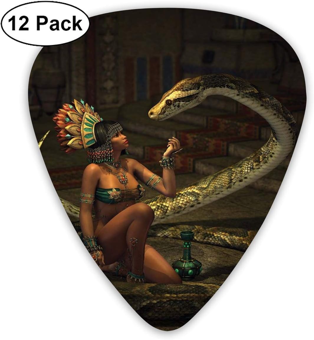 Guitar Picks 12-Pack,Mystery Dark Skin Girl With Headdress Eye To Eye With Huge Snake