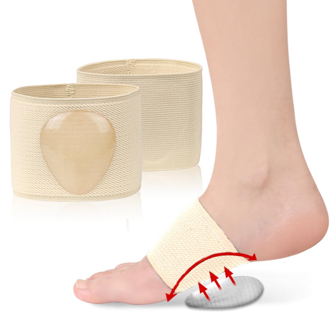XUKZIMA 1 Pair Foot Arch Support Bands Arch Support Socks for Flat Foot Pain Relief with Gel Pads Arch Support Sleeve for Women & Men Foot Care (Beige)