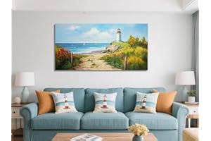 Acocifi Beach Canvas Wall Art Lighthouse Picture Nature Landscape Blue Ocean Coastal Seascape Canvas Painting, Textured Artwork Large Framed for Living Room Bedroom Bathroom Office Home Decor 40"x20"