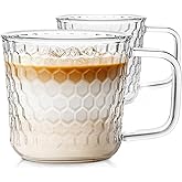 Aquach 16 Oz Glass Coffee Cups, Clear Tea Mugs with Handle, Microwave and Dishwasher Safe Home Office Drinking Mugs Perfect for Americano Cappuccino Hot&Cold Beverages, 2-Pack