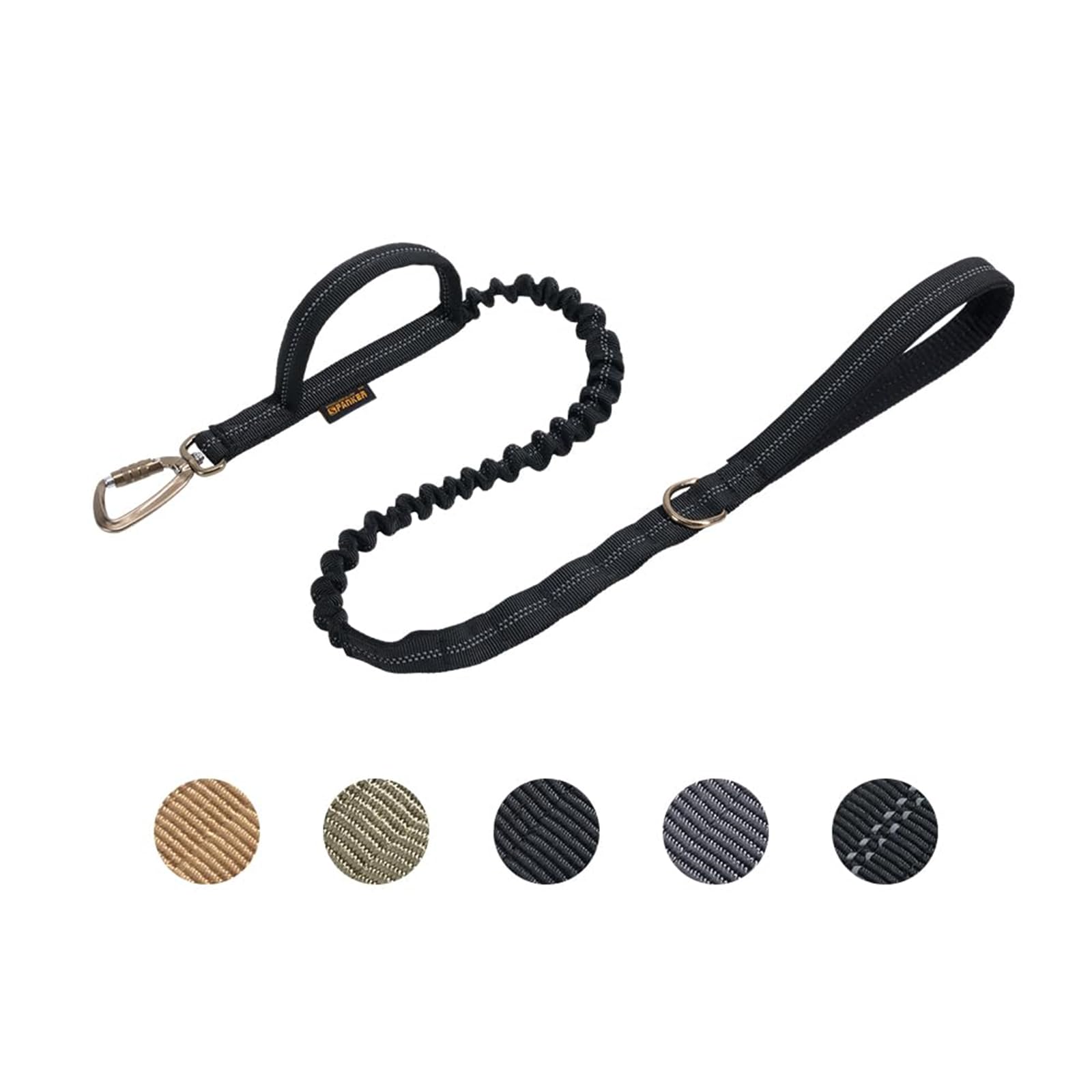 EXCELLENT ELITE SPANKER Military Tactical Dog Leash - Space Aluminum Hook Clips, Bungee Elastic Rope Lead With 2 Control Handles (Black-Reflective Silk)