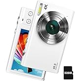 Digital Camera, 4K Autofocus Vlogging Camera with Flash, 48MP Point and Shoot Digital Camera with 16X Zoom, Anti-Shake, 32GB Card, Portable Compact Camera for Teens Adult Beginner(White)
