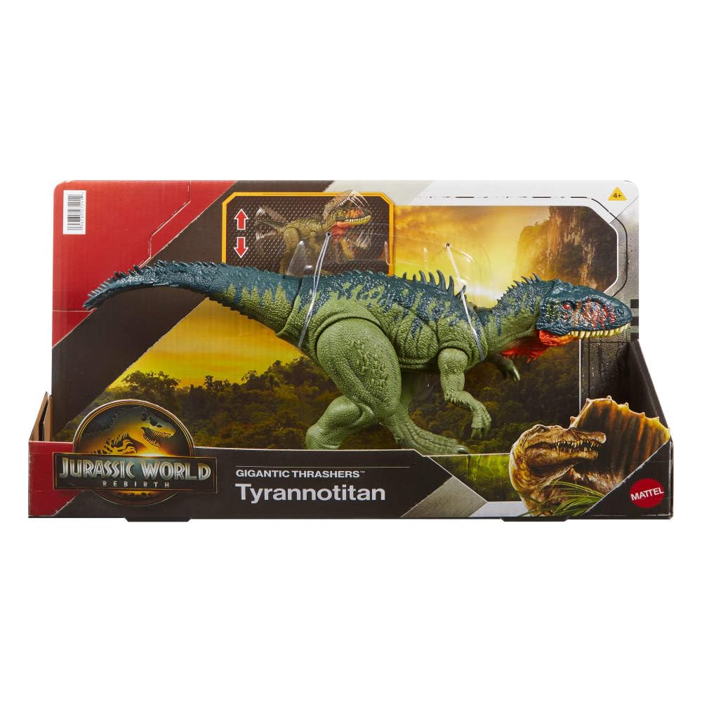Mattel Jurassic World Rebirth Gigantic Thrashers Tyrannotitian Dinosaur Figure Toy, 2 Tail Activated Rampage Attacks, Digital Play
