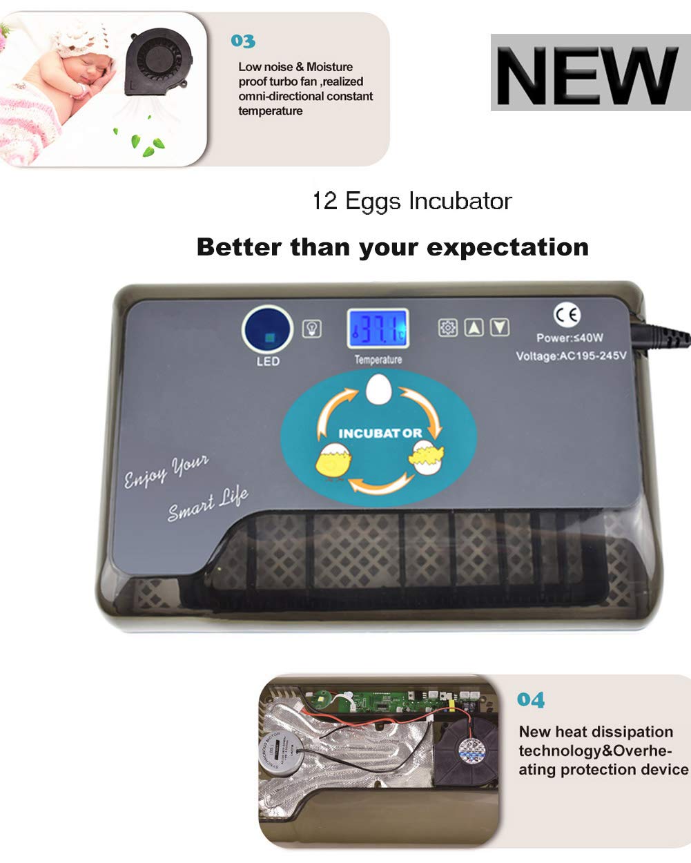 Upgraded Egg Incubator Automatic Incubator YZmoffer Digital Fully Automatic 12 Eggs Incubator for Chicken Eggs, Poultry Hatcher for Chickens Ducks Goose Birds (Black-12eggs)