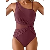 Aidonger One Shoulder One Piece Swimsuit for Women Mesh Tummy Control Bathing Suit Twist Swimwear with Removable Strap