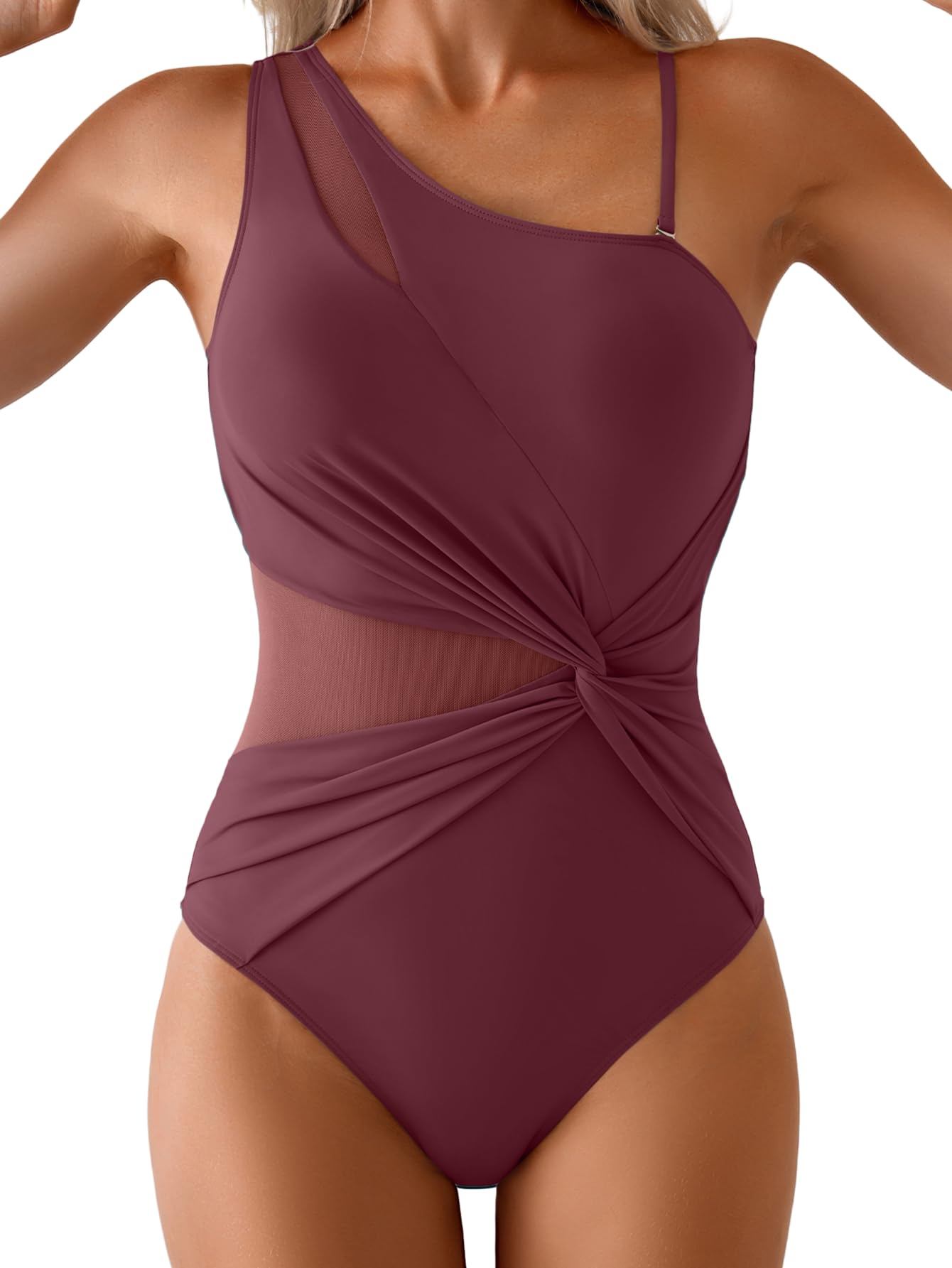 Photo 1 of Aidonger One Shoulder One Piece Swimsuit for Women Mesh Tummy Control Bathing Suit Twist Swimwear with Removable Strap