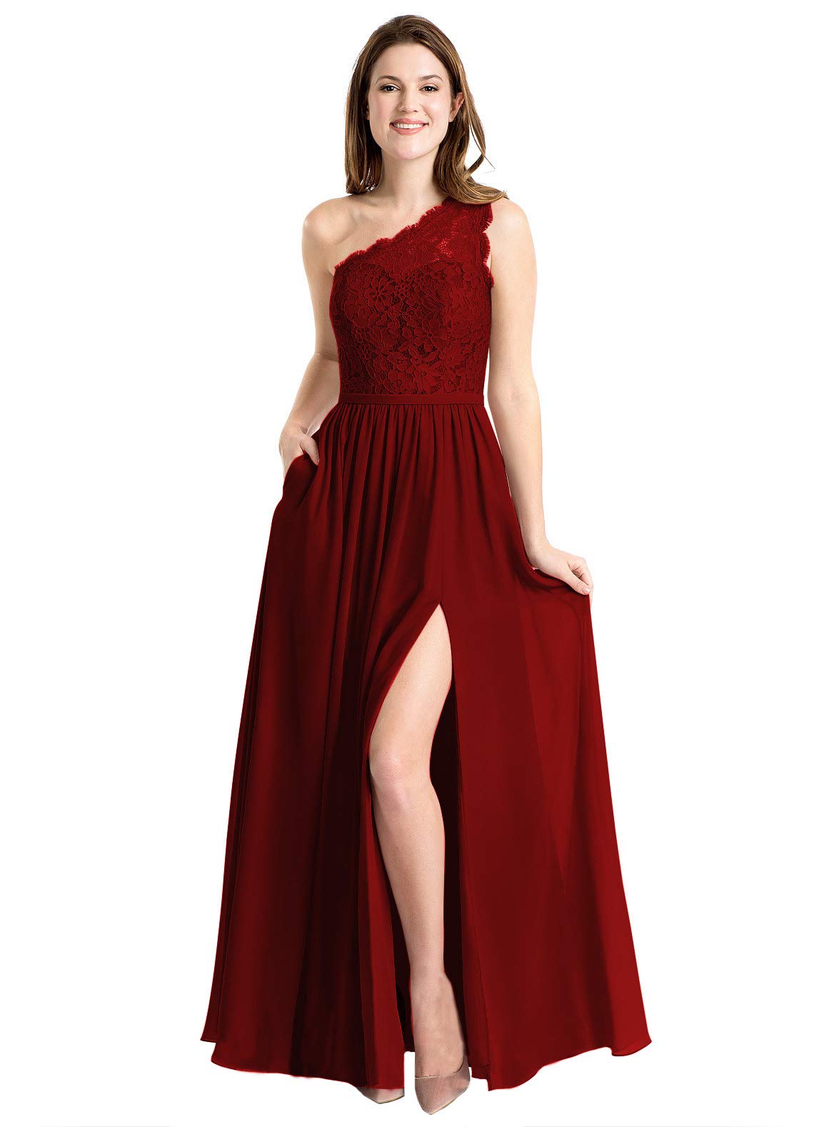 Now and Forever Women's One Shoulder Slit Bridesmaid Dress Long Lace
