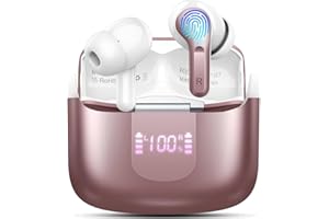 ORDTOP Wireless Earbud Bluetooth 5.3 Headphones, Hi-Fi Stereo Ear Buds with 4 ENC Cancelling Mics, 40H in-Ear Earphones IP7 Waterproof Sports, LED Display, Mini Headset for Laptop Pad TV Phones, Rose Gold