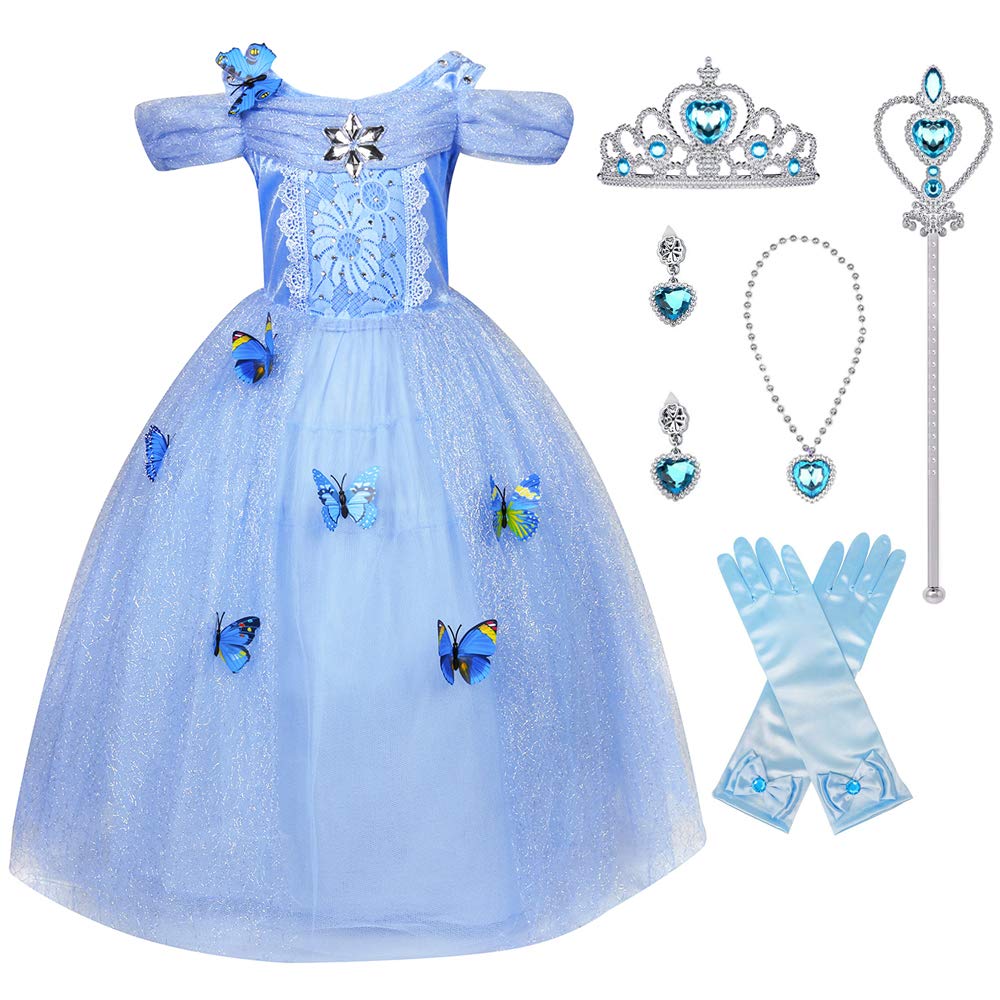 Hamanasu Girls Cinderella Dress Princess Costume Butterfly Party Dress Up with Accessories (Blue01,6-7Y/140)
