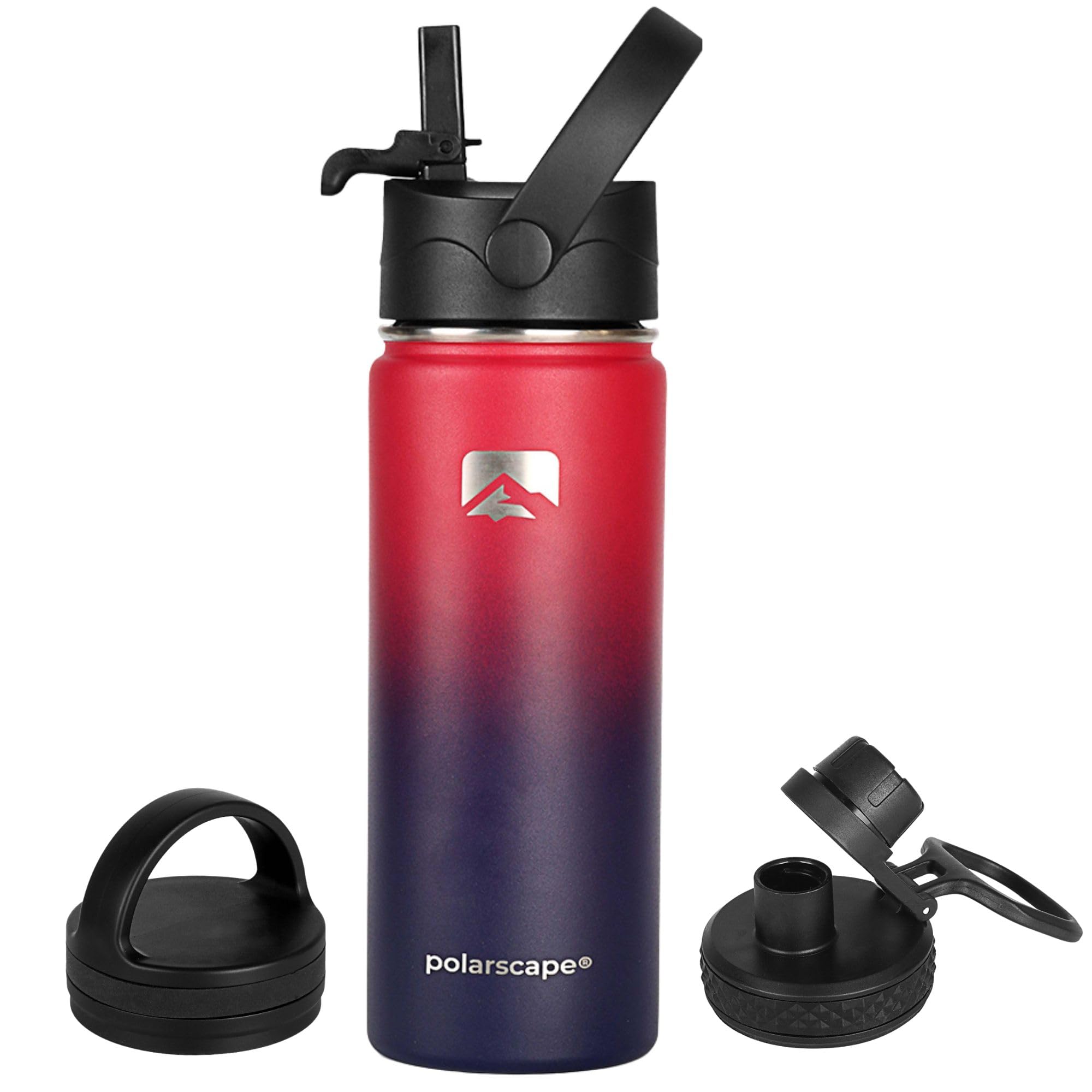 Polarscape Stainless Steel 500ml Insulated Water Bottle with Straw - Metal Water Bottle, Includes 3 Lids, 2 Straws, Straw Brush - Wide Mouth, Double-Walled, BPA Free, Leak Proof - 500ml Plum