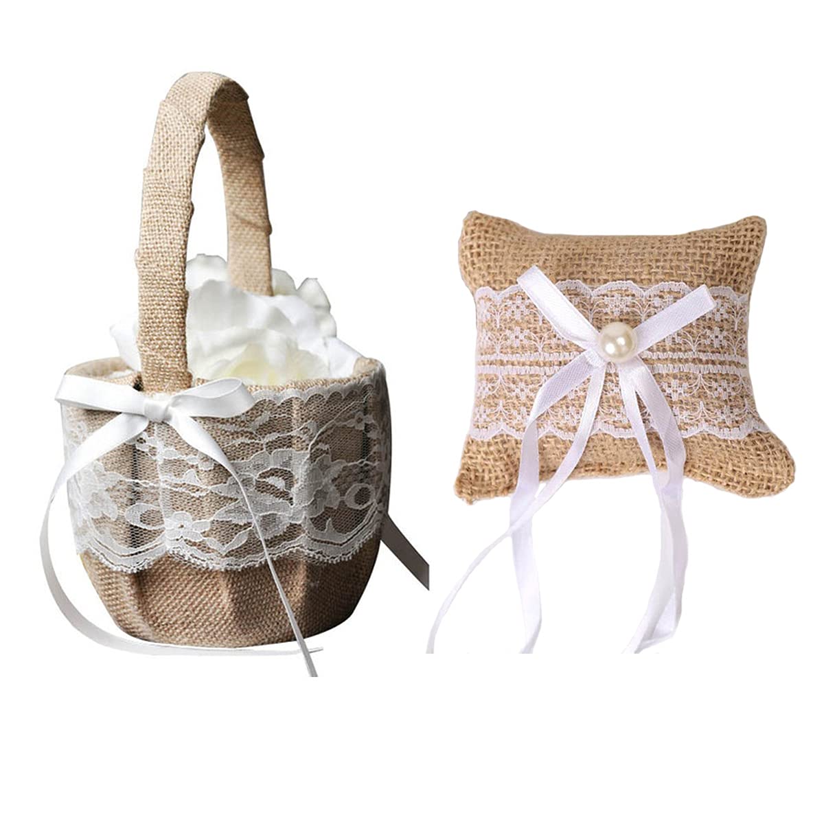 Smavles Wedding Ring Pillow Wedding Ring Cushion and Wedding Basket Flower Girl Baskets Romantic Jute Lace Bow Wedding Supply Decoration