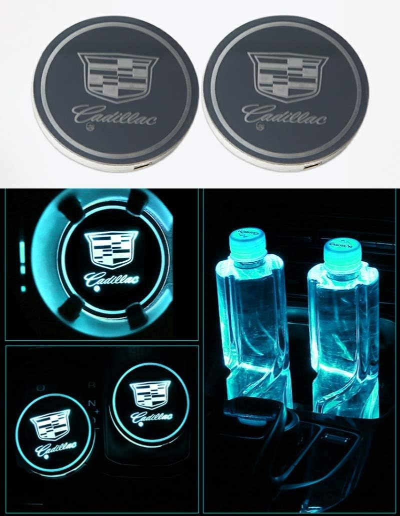 YOJOHUA 2.75 Inch LED Car Cup Holder Lights for Cadillac, LED Coaster with 7 Colors Changing USB Charging Mat Luminescent Cup Pad, LED Interior Atmosphere Lamp Decoration Light (2PCS)