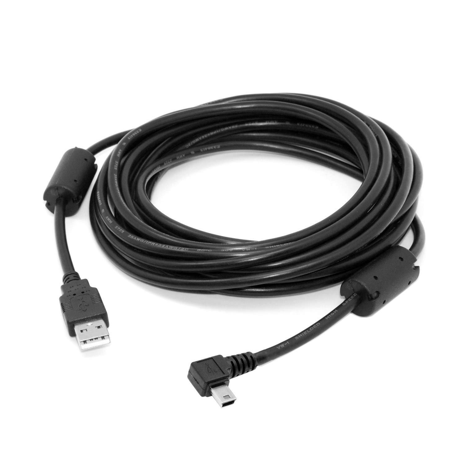Cablecc Mini USB B Type 5-Pin Male Left Angled 90 Degree to USB 2.0 Male Data Cable 5 Metres with EMI Ferrite Core