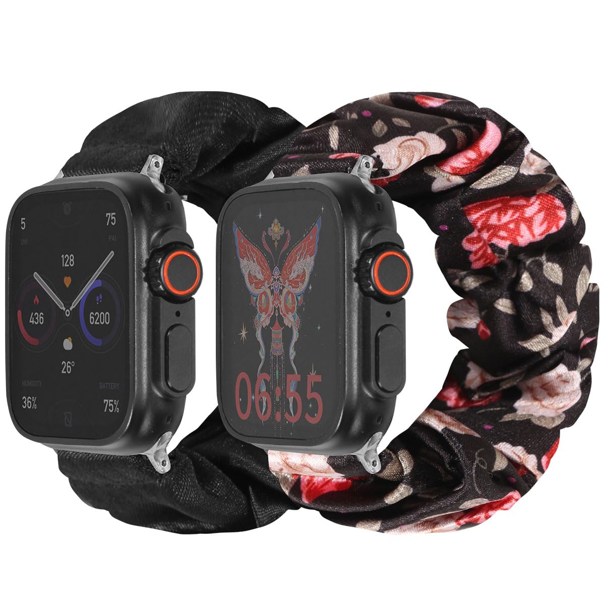 Meideli 2 Pack Compatible Scrunchie Watch Strap Apple iWatch 10 9 8 7 6 5 4 SE,Pattern Printed Fabric Wristband Scrunchie Elastic Strap for Apple Scrunchie Watch Strap 44mm 45mm 46mm