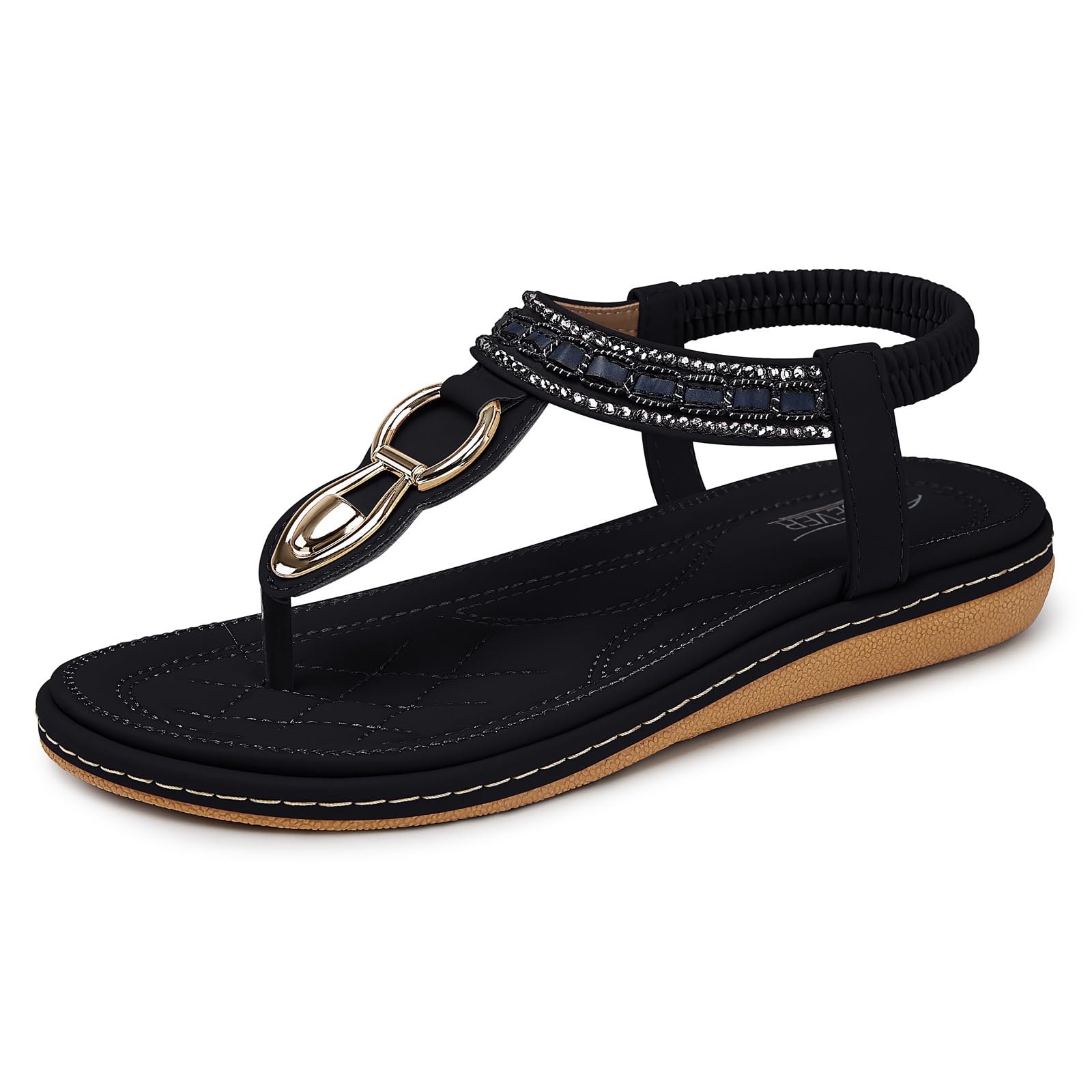 Photo 1 of SHIBEVER Dressy Sandals for Women Comfortable: Summer Black Casual T Strap Ladies Flat - Comfort Size 8.5 Ladies Bohemian Women Sandals