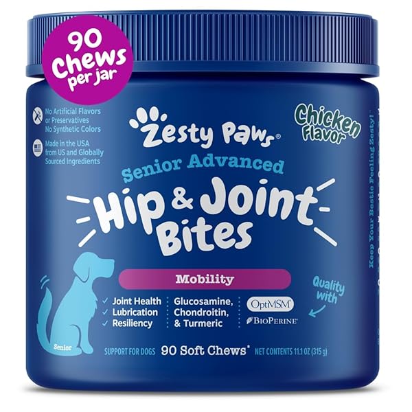 ZESTY PAWS MOBILITY BITES JOINT SUPPLEMENT FOR DOGS – SOFT CHEWS WITH GLUCOSAMINE FOR DOGS, CHONDROITIN, & MSM + VITAMINS C AND E – ADV CHICKEN – 90 COUNT